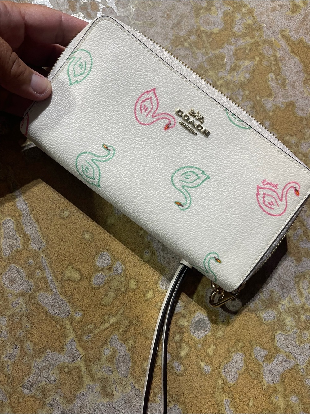 Coach White Zip-Around Wristlet with Pink & Mint Swan Motif
